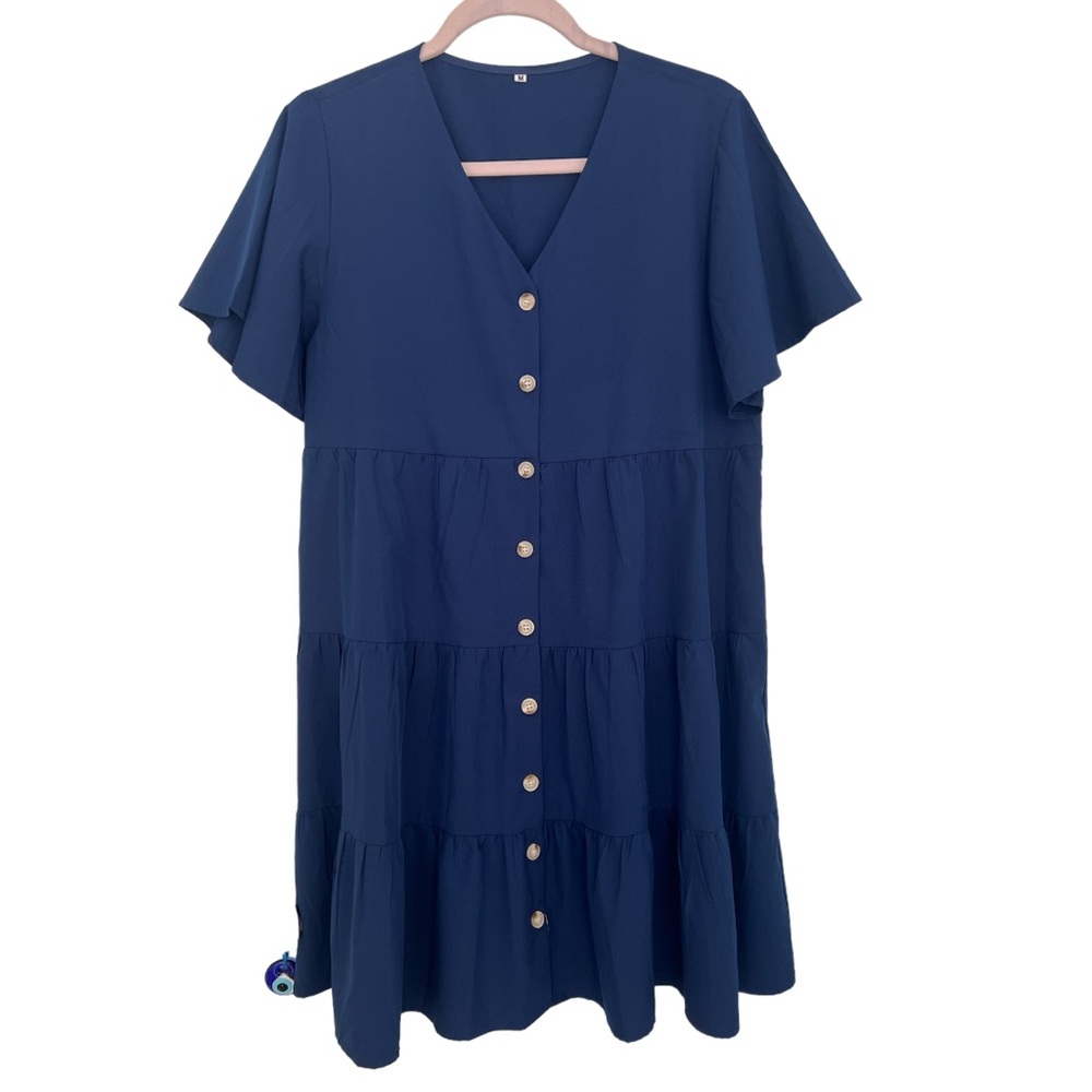 V-Neck Ruffled Button Down Navy Blue Shift Swing … - image 2